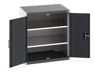 Heavy Duty Bott cubio cupboard with perfo panel lined hinged doors. 800mm wide x 650mm deep x 900mm high with 2 x100kg capacity shelves.... Bott Industial Tool Cupboards with Shelves